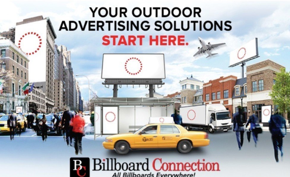 a yellow cab surrounded with billboards in the middle of the city. OOH Attribution Models